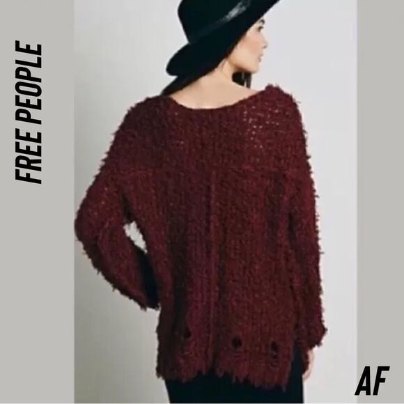 FREE PEOPLE UP THE LADDER DISTRESSED PULLOVER SWEATER IN BURGUNDY NEW LARGE - Picture 2 of 6